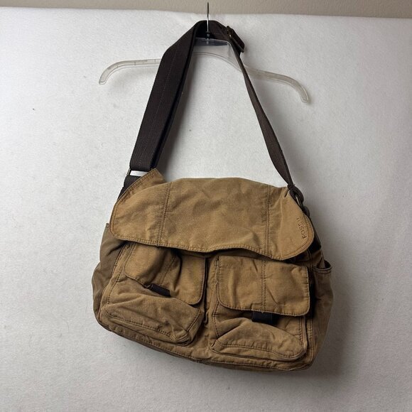 Fossil Messenger Bag Cloth Canvas Leather Accent Brown Crossbody duffle manpurse - Picture 1 of 9